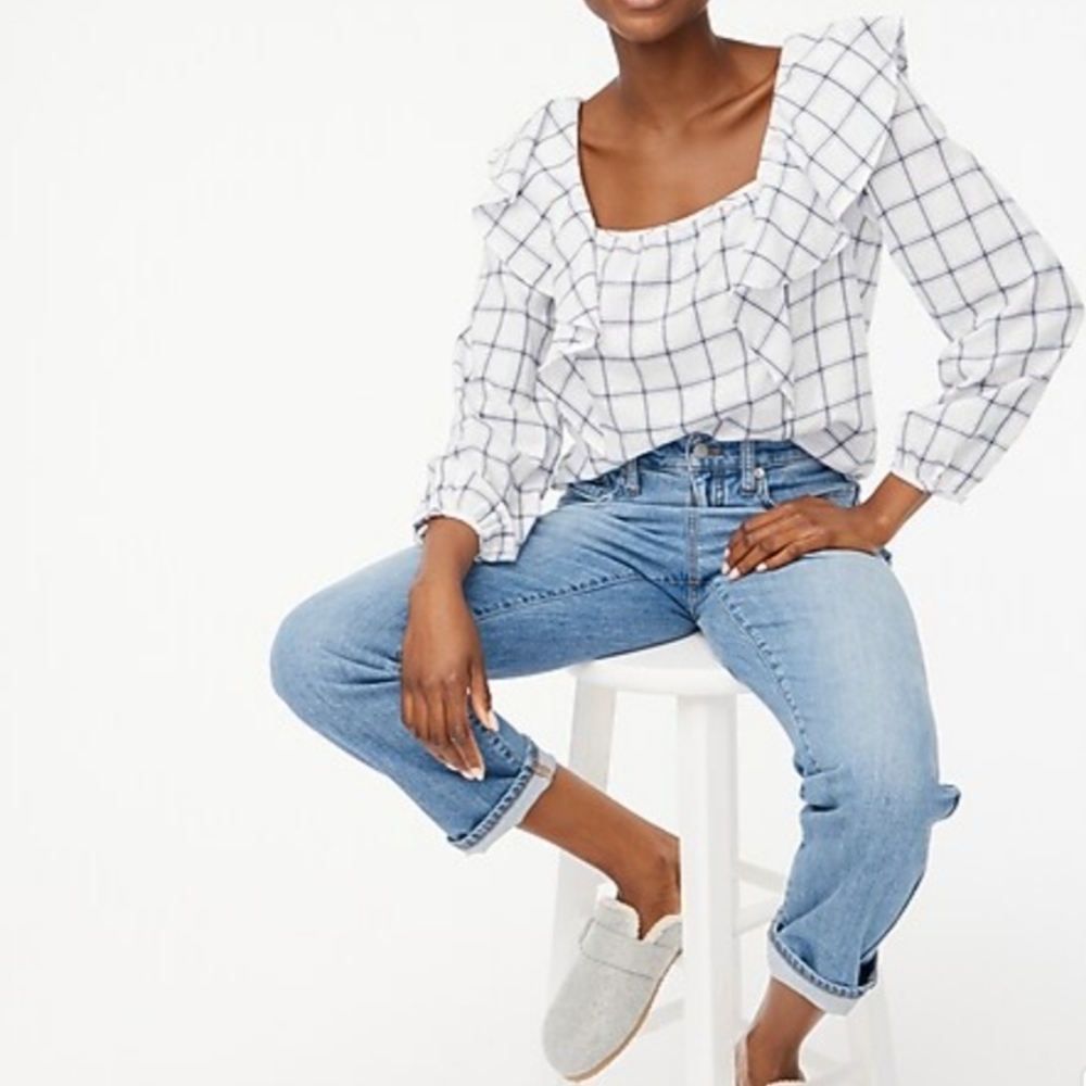 J. Crew Factory Flannel Square Neck Ruffle Top Antique White Lightweight